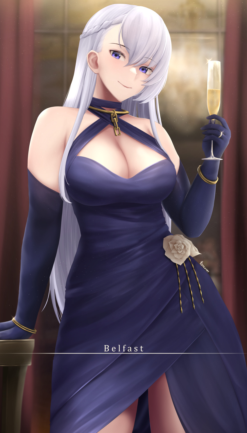 1girl absurdres azur_lane bangs bare_shoulders belfast_(azur_lane) belfast_(the_noble_attendant)_(azur_lane) blue_dress blue_eyes blue_gloves blush breasts broken broken_chain chain cleavage criss-cross_halter cup dress drinking_glass eko.art gloves gold_bracelet gold_chain halter_dress halterneck highres large_breasts long_hair looking_at_viewer silver_hair smile solo swept_bangs thighs