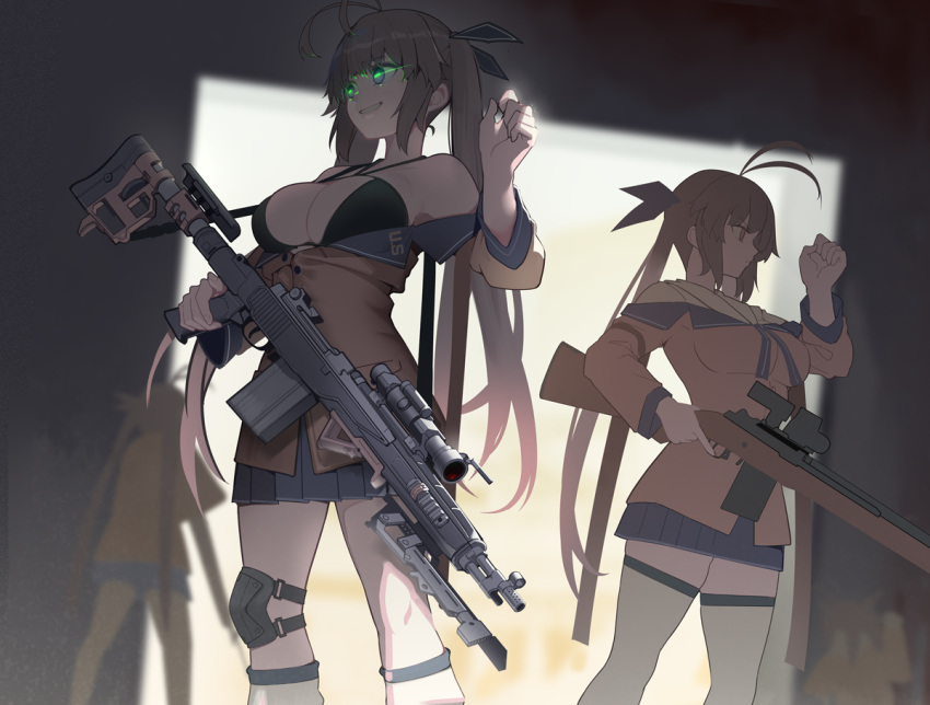 3girls adapted_costume alternate_eye_color antenna_hair bare_shoulders battle_rifle breasts brown_hair commentary english_commentary eyebrows_visible_through_hair girls'_frontline glowing glowing_eyes gradient_hair green_eyes grin gun long_hair m14 m14_(girls'_frontline) medium_breasts multicolored_hair multiple_girls multiple_persona off_shoulder orange_eyes pleated_skirt rifle sidelocks skindentation skirt smile thighhighs tied_hair twintails very_long_hair warashi weapon