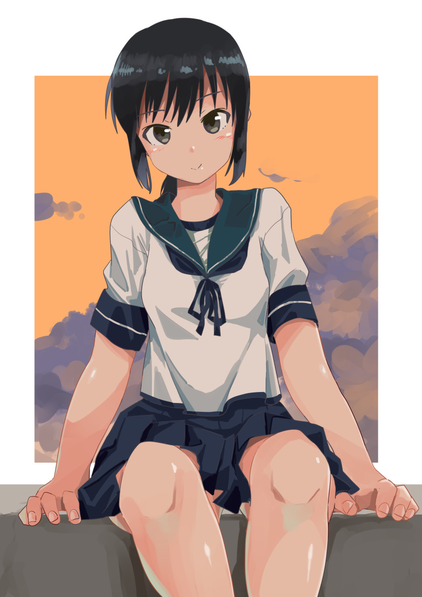 1girl absurdres black_eyes black_hair blue_sailor_collar blue_skirt cowboy_shot fubuki_(kancolle) haida_katsuretsu highres kantai_collection long_hair looking_at_viewer low_ponytail pleated_skirt ponytail sailor_collar school_uniform serafuku short_ponytail sidelocks sitting skirt solo