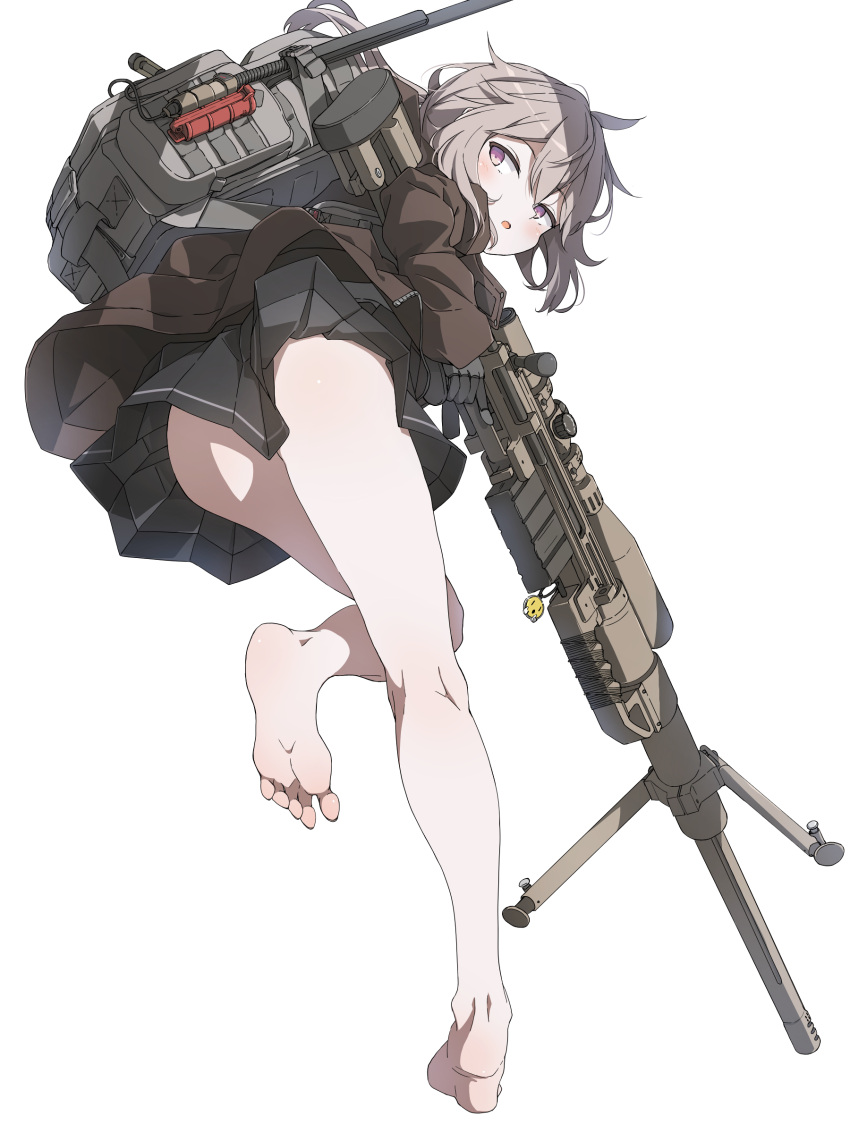 1girl absurdres backpack bag bare_legs barefoot bipod black_gloves black_skirt bolt_action brown_jacket cheytac_m200 girls'_frontline gloves grey_hair gun highres holding holding_gun holding_weapon jacket kneepits light_purple_eyes long_sleeves looking_at_viewer looking_back m200_(girls'_frontline) miniskirt pleated_skirt rifle short_hair simple_background skirt sniper_rifle solo tai_san_ps4 trigger_discipline weapon white_background