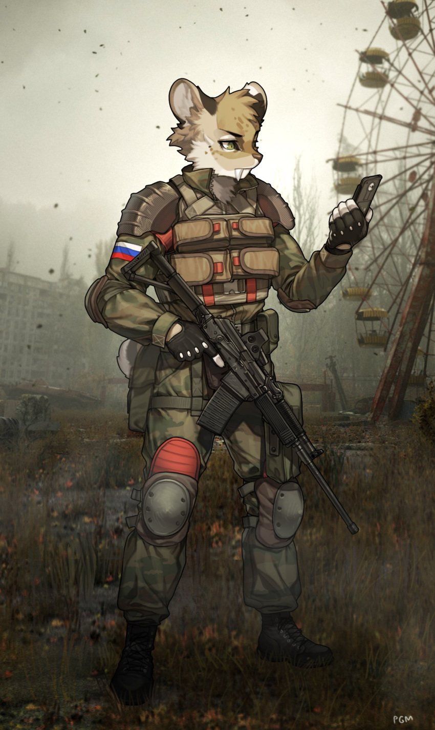 2022 absurd_res anthro assault_rifle boots bulletproof_vest camo cellphone clothing eyebrows eyelashes fangs felid fingerless_gloves footwear fur gloves gun handwear hi_res holding_cellphone holding_object holding_phone holding_smartphone inner_ear_fluff knee_pads machairodontine male mammal outside pgm300 phone pripyat ranged_weapon rifle sabertooth_(anatomy) shoulder_pads smartphone solo tuft weapon