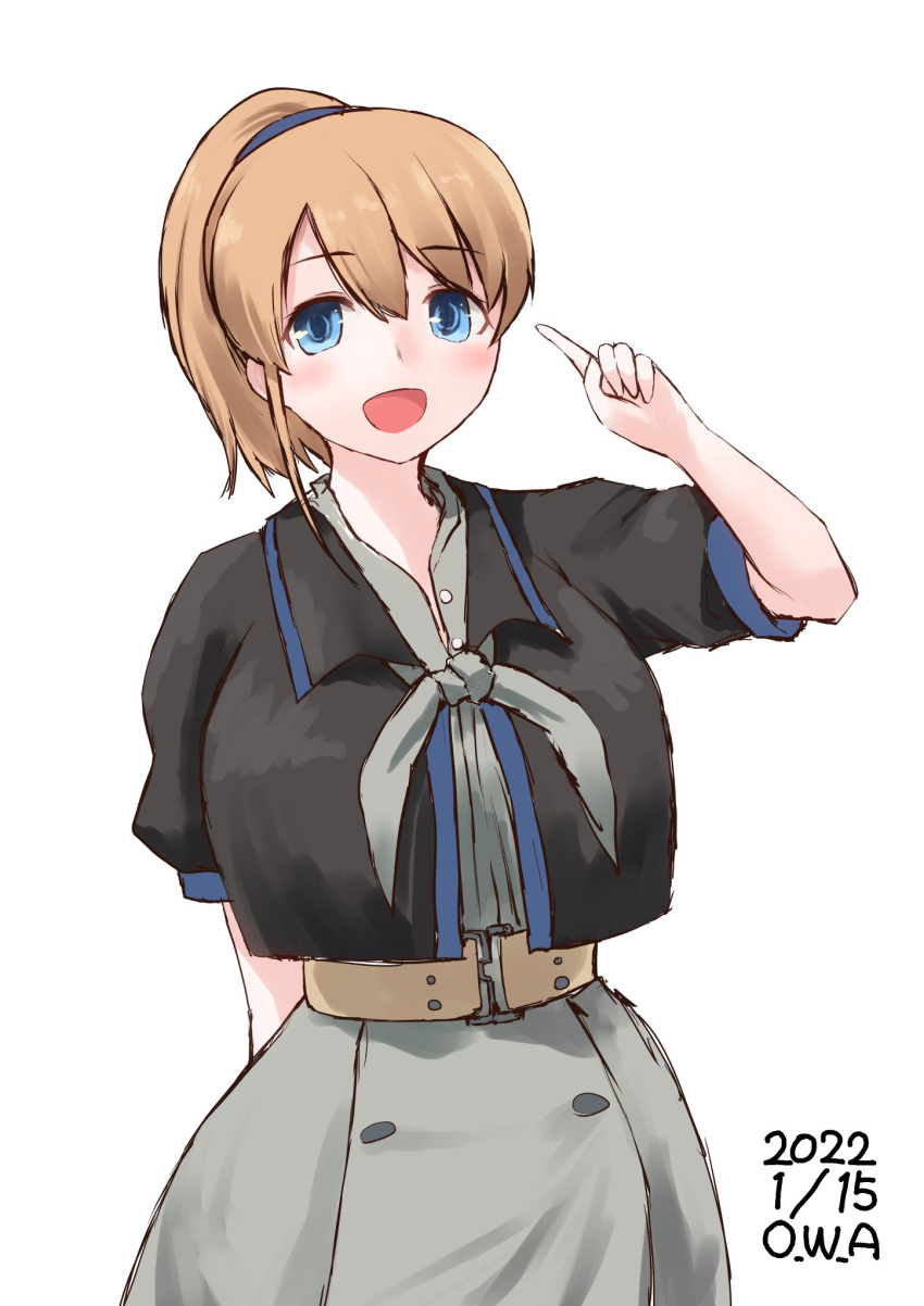 1girl artist_name belt black_shirt blue_eyes blush breasts brown_hair commentary_request cowboy_shot dated grey_neckerchief grey_skirt highres index_finger_raised intrepid_(kancolle) kantai_collection large_breasts looking_at_viewer miniskirt multicolored_neckwear neckerchief one-hour_drawing_challenge open_mouth owa_(ishtail) ponytail shirt short_hair signature simple_background skirt solo white_background