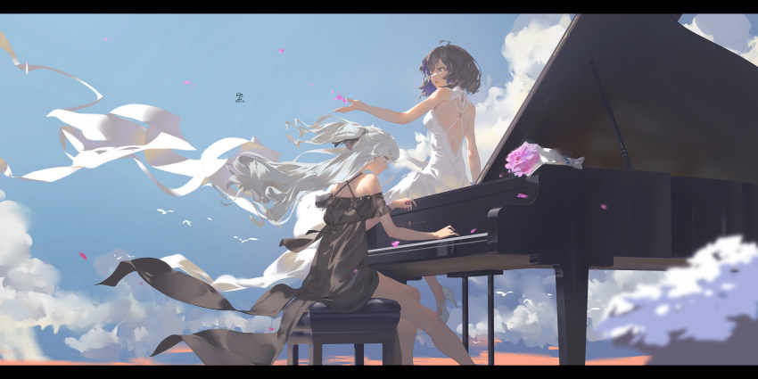 2girls absurdres ahoge bare_arms bare_legs black_dress black_hair blue_hair blue_sky bouquet bronya_zaychik cloud colored_inner_hair commentary_request dated day dress floating_hair flower half_updo high_heels highres honkai_(series) honkai_impact_3rd instrument long_hair looking_away multicolored_hair multiple_girls music off-shoulder_dress off_shoulder outdoors piano pink_flower playing_instrument ribao seele_vollerei short_hair signature silver_hair sitting sitting_on_piano sky sleeveless sleeveless_dress white_dress white_footwear