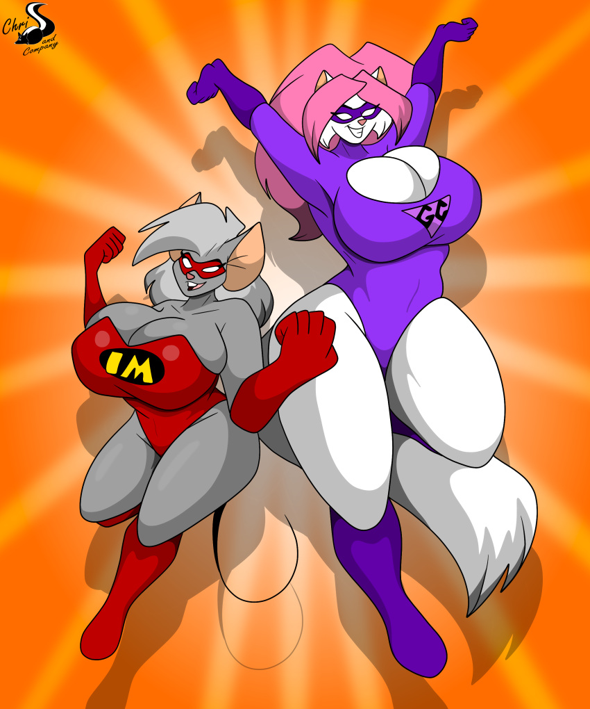 absurd_res anthro breasts chrisandcompany cleavage cleavage_cutout clothed clothing domestic_cat duo felid feline felis female hair hi_res mammal mouse murid murine rodent superhero_costume