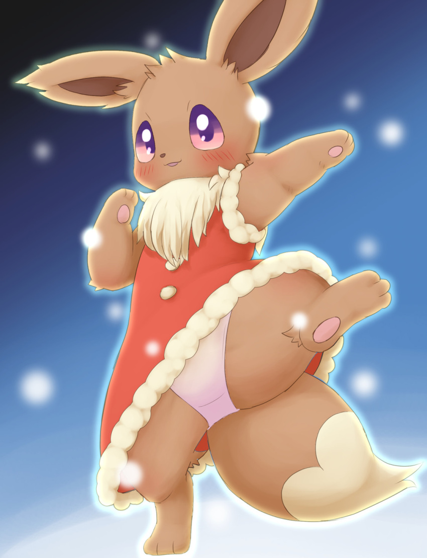blush bunnag chest_tuft christmas christmas_clothing clothed clothing eevee female hi_res holidays nintendo on_one_leg panties pawpads paws pok&eacute;mon pok&eacute;mon_(species) purple_eyes semi-anthro simple_background snow solo standing thick_thighs tuft underwear video_games