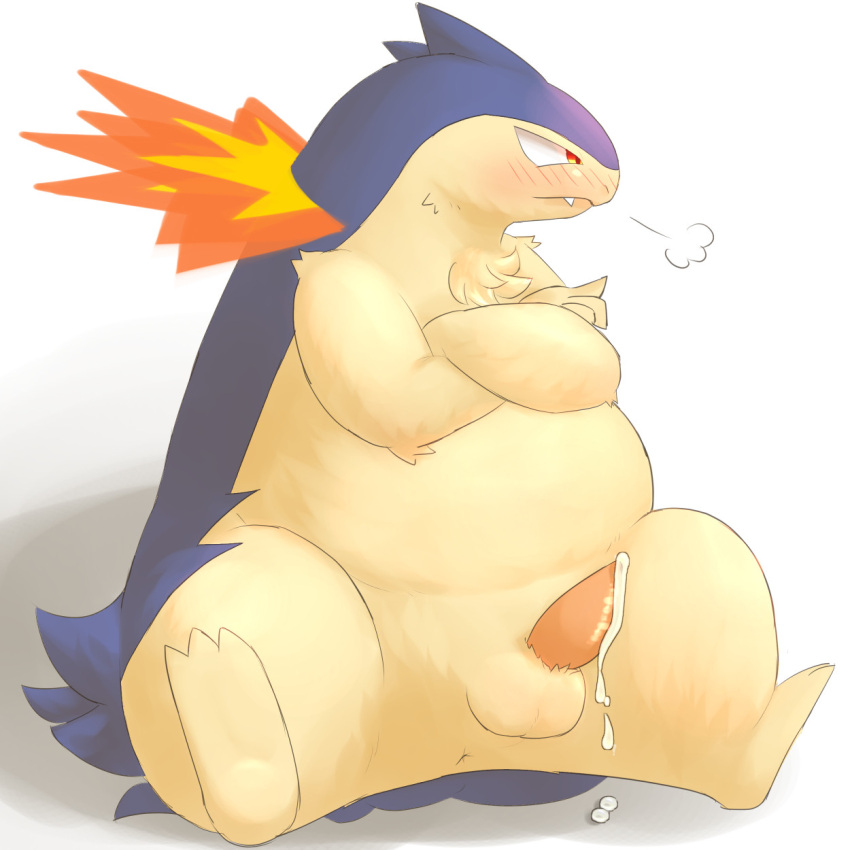 anus ball blush bodily_fluids bunnag crossed_arms cum fire genital_fluids genitals hi_res looking_away male nintendo penis pok&eacute;mon pok&eacute;mon_(species) red_eyes simple_background sitting solo spread_legs spreading tapering_penis typhlosion video_games white_background