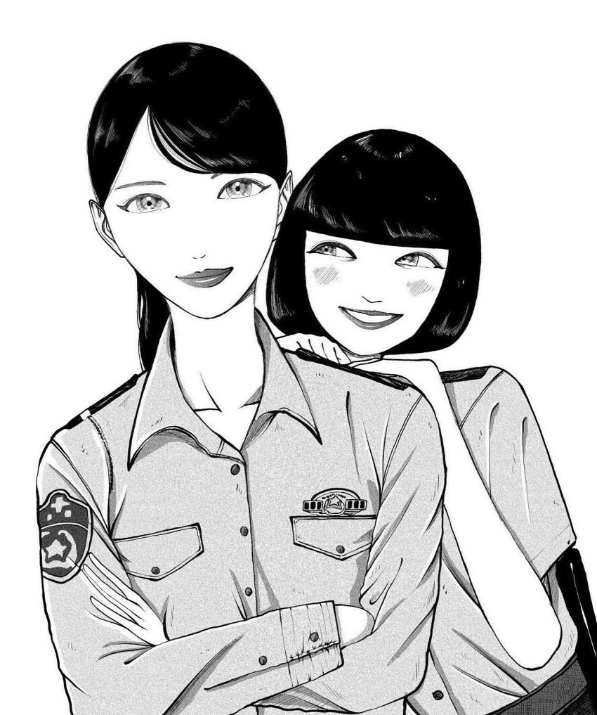 2girls badge bangs black_hair blunt_bangs blush fuji_seiko greyscale hakozume:_kouban_joshi_no_gyakushuu highres kawai_mai_(hakozume) looking_at_viewer monochrome multiple_girls police smile uniform upper_body ushio_isshin