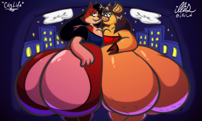 absurd_res anthro ass_to_ass big_butt breast_squish breasts butt butt_focus city city_background cityscape countershade_butt countershading dark_hair domestic_pig duo female female/female fur hi_res huge_butt hyper hyper_butt illis mammal mephitid orange_body red_body red_fur rim_light side_boob skunk squish suid suina sus_(pig)