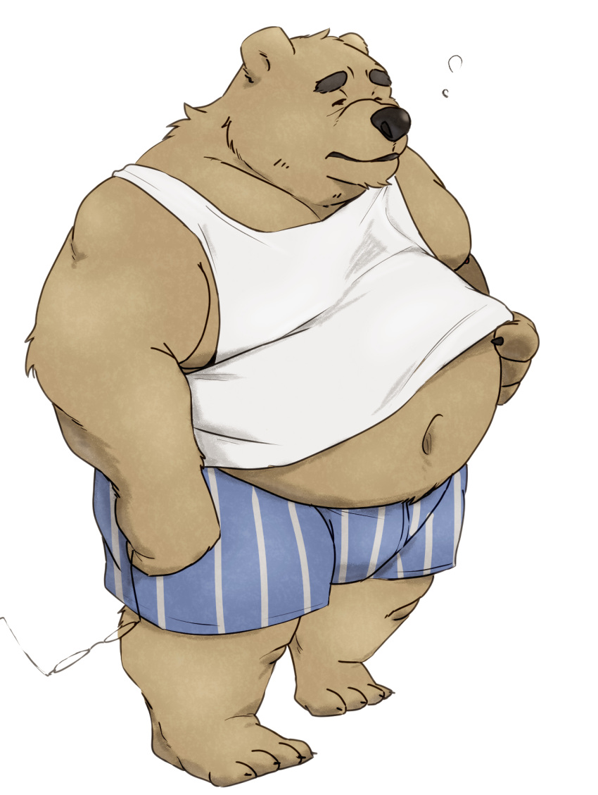 2022 anthro belly black_nose brown_body clothing hi_res humanoid_hands kemono male mammal mature_male navel o_miso_n overweight overweight_male shirt simple_background solo tired topwear underwear ursid white_background