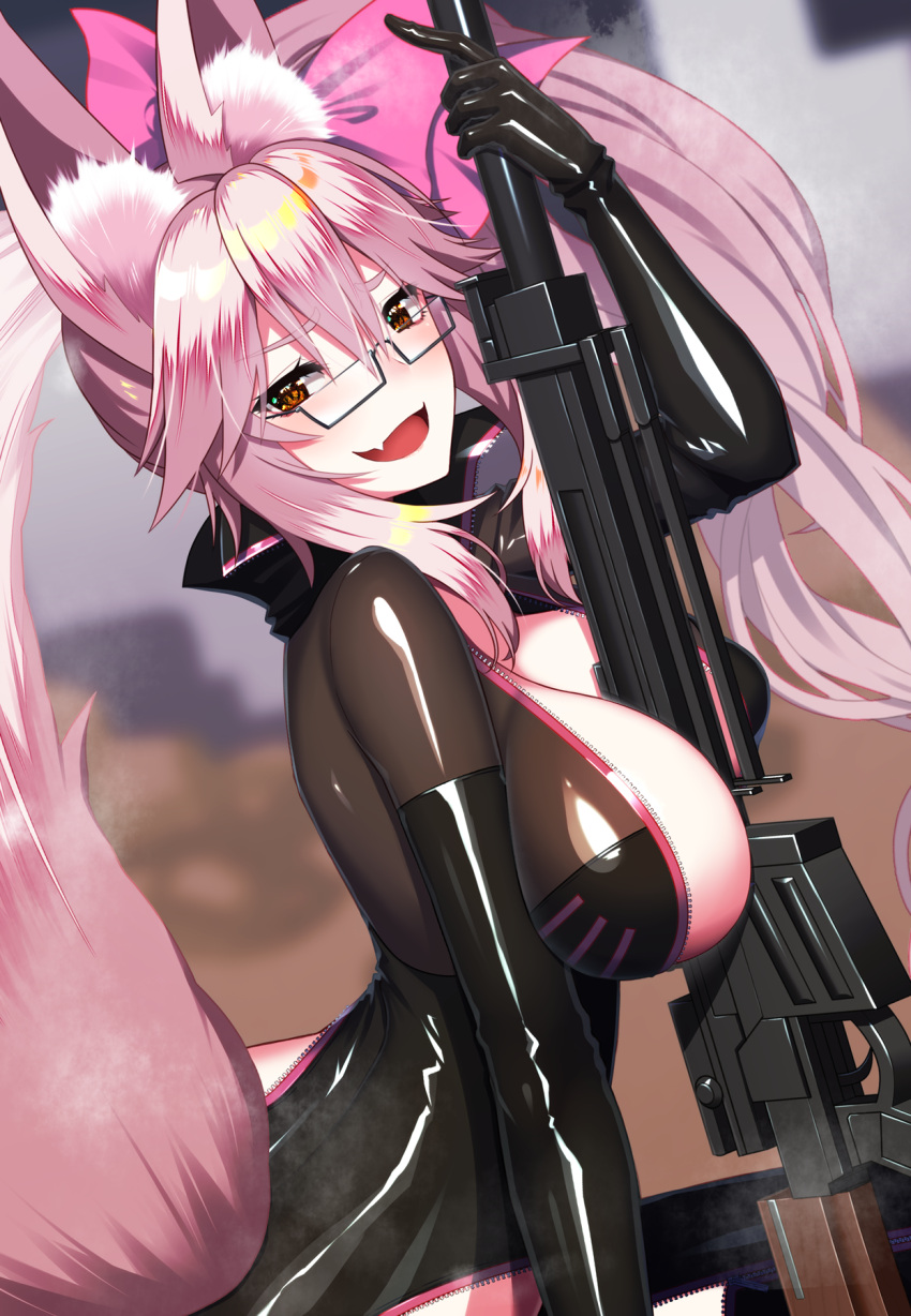 1girl animal_ear_fluff animal_ears bangs black_bodysuit blush bodysuit bow breasts center_opening fate/grand_order fate_(series) fox_ears fox_girl fox_tail glasses gun hair_between_eyes hair_bow highres hip_vent koyanskaya_(fate) kuroshiro_(ms-2420) large_breasts long_hair looking_at_viewer open_mouth pink_bow pink_hair ponytail rifle sidelocks smile sniper_rifle solo tail tamamo_(fate) thighs weapon yellow_eyes