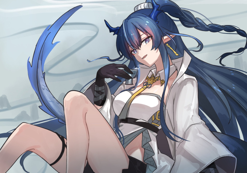 1girl arknights bangs bare_legs blue_eyes blue_hair braid breasts commentary_request feet_out_of_frame hand_up highres horns jacket ling_(arknights) long_hair long_sleeves looking_at_viewer mabing medium_breasts necktie open_clothes open_jacket parted_lips pointy_ears shirt sitting solo strapless strapless_shirt thighs very_long_hair white_jacket white_shirt wide_sleeves yellow_necktie