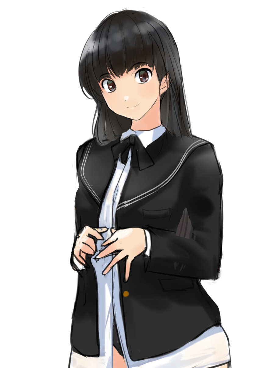 1girl amagami ayatsuji_tsukasa black_eyes black_hair black_jacket black_sailor_collar commentary_request dress_shirt highres jacket kibito_high_school_uniform korean_commentary long_hair long_sleeves looking_at_viewer sailor_collar school_uniform serafuku shirt simple_background solo swimsuit swimsuit_under_clothes upper_body white_background white_shirt ykh1028