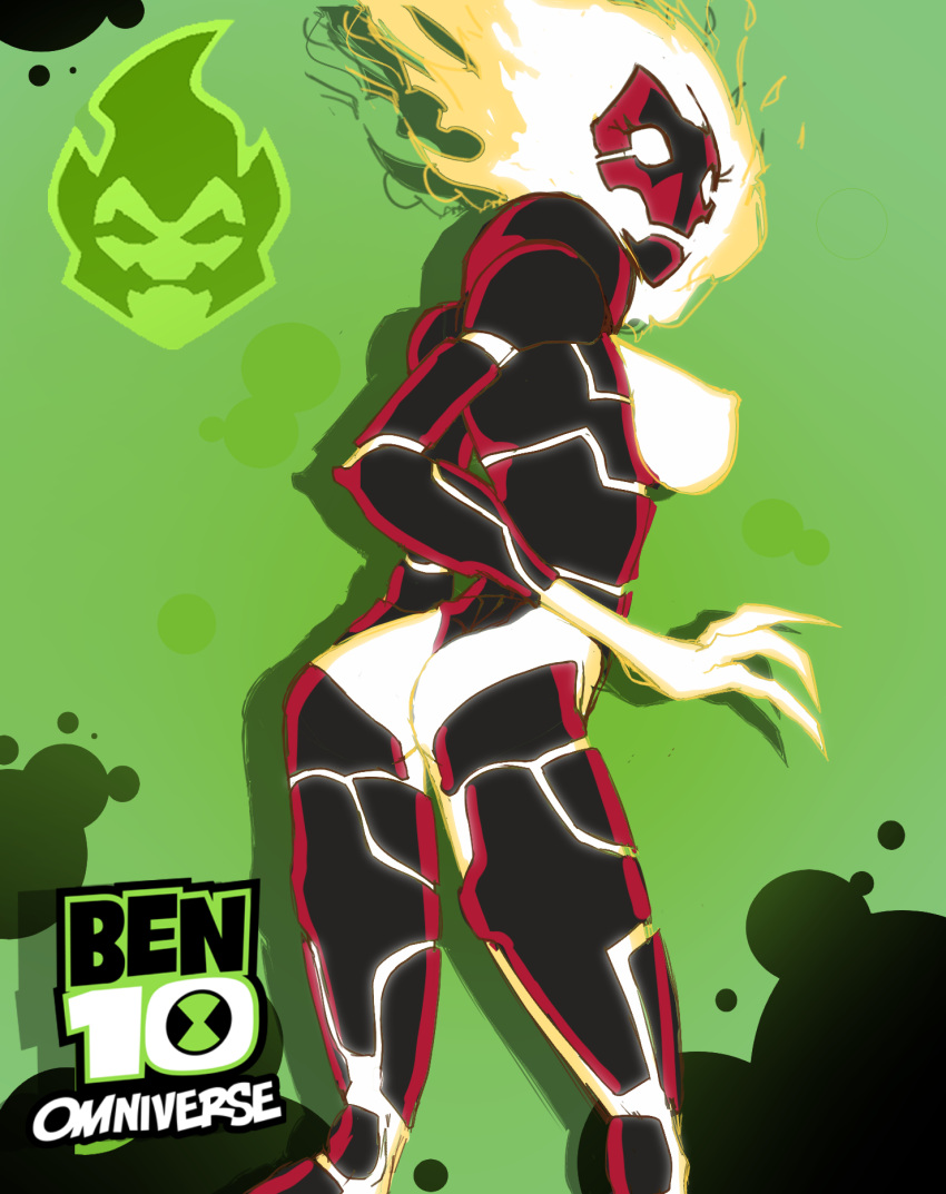 alien alien_humanoid ben_10 big_breasts big_butt breasts butt cartoon_network claws elemental_creature elemental_humanoid eyelashes female fire fire_creature fire_humanoid green_background heatblast hi_res humanoid nipples pyronite simple_background solo yellow_body