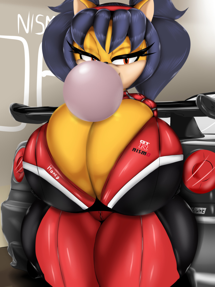 anthro big_breasts breasts bubble_gum domestic_cat felid feline felis female hi_res honey_the_cat huge_breasts mammal nissan nissan_gtr sega solo sonic_the_fighters sonic_the_hedgehog_(series) thick_thighs ultimateshadow wide_hips