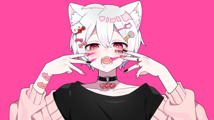 1boy absurdres ahoge animal_(vocaloid) animal_ear_fluff animal_ears bandaid bandaid_on_arm bangs barcode barcode_tattoo black_nails black_shirt bow cardigan cat_boy cat_ears cat_hair_ornament choker commentary_request facial_tattoo fangs hair_bow hair_ornament hairclip heart heart_choker highres jewelry kemonomimi_mode long_sleeves mafumafu mafuteru male_focus multicolored_nails niconico off_shoulder open_mouth pink_background pink_bow pink_cardigan pink_eyes pink_nails ring saliva shiroko shirt short_hair solo tattoo twitter_username utaite_(singer) white_hair