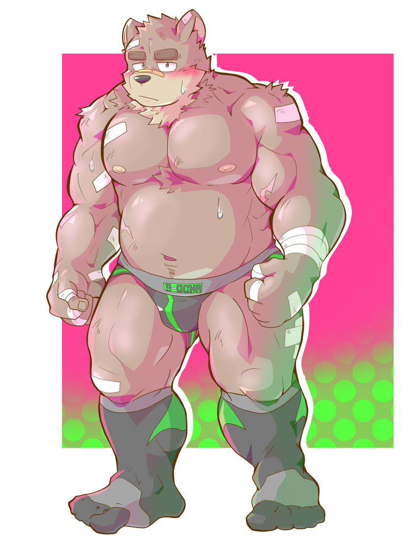 2022 anthro band-aid bandage blush bodily_fluids bulge clothing hi_res humanoid_hands kemono male mammal sansan_ocha scar slightly_chubby solo sweat underwear ursid