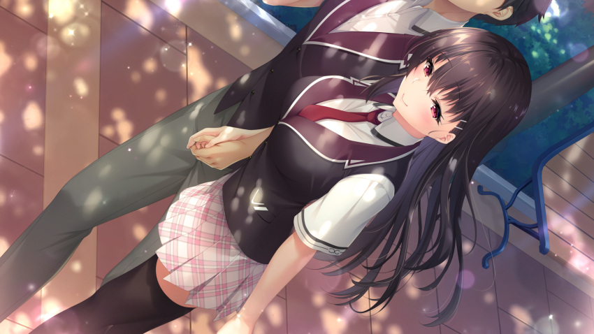 1boy 1girl arima_kyouya bangs black_hair black_legwear black_vest blush boku_no_mirai_wa_koi_to_kakin_to breasts brown_hair closed_mouth collared_shirt couple dappled_sunlight eyebrows_visible_through_hair game_cg grey_pants hair_between_eyes half-closed_eyes head_out_of_frame hetero highres holding_hands large_breasts long_hair miniskirt necktie nironiro outdoors pants plaid plaid_skirt pleated_skirt red_eyes red_necktie school_uniform shiny shiny_hair shirt short_sleeves skirt smile standing straight_hair sunlight thighhighs very_long_hair vest walking wataya_azusa white_shirt white_skirt wing_collar zettai_ryouiki