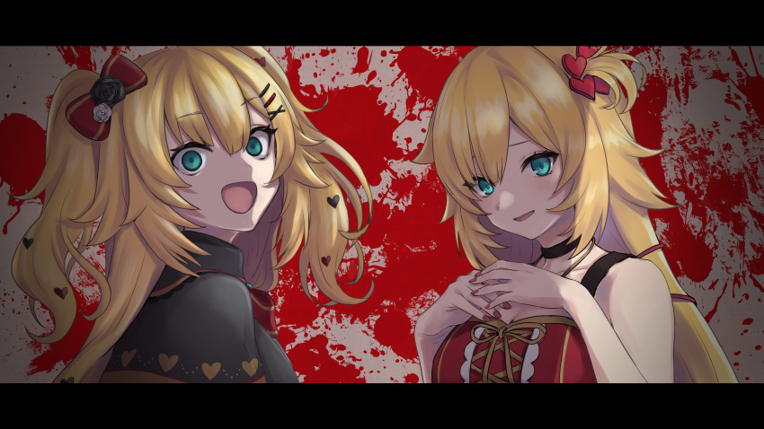 2girls :d absurdres akai_haato aqua_eyes arms_up bangs bare_arms black_capelet black_choker blonde_hair blood blood_splatter bow bowtie breasts capelet choker crazy_eyes crazy_smile dress dual_persona english_commentary eyebrows_visible_through_hair from_side g9_(jiiku) hair_between_eyes hair_bow hair_ornament hairclip hands_on_own_chest head_tilt heart heart_hair_ornament highres hololive letterboxed long_hair looking_at_viewer medium_breasts multiple_girls nail_polish open_mouth own_hands_together parted_lips red_bow red_bowtie red_dress red_nails shadow sleeveless sleeveless_dress smile two_side_up upper_body very_long_hair virtual_youtuber x_hair_ornament