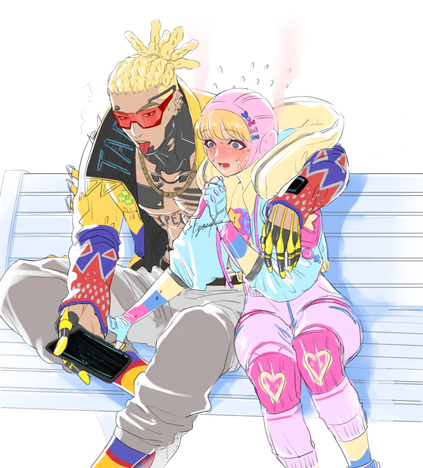 1boy 1girl abs apex_legends arm_around_shoulder bailian bandaid_on_stomach blonde_hair blue_eyes blue_hair blue_jacket blush bodysuit brown_eyes chain chest_tattoo cornrows crypto_(apex_legends) eyebrows_visible_through_hair full-face_blush gold_chain highres holding holding_tablet_pc hood hooded_jacket hype_beast_crypto jacket kawaii_voltage_wattson looking_at_viewer looking_down navel open_mouth pectorals pink_bodysuit pink_headwear scar scar_on_cheek scar_on_face smile sunglasses sweat sweating_profusely tablet_pc tattoo tied_hair tongue tongue_out wattson_(apex_legends) yellow_jacket