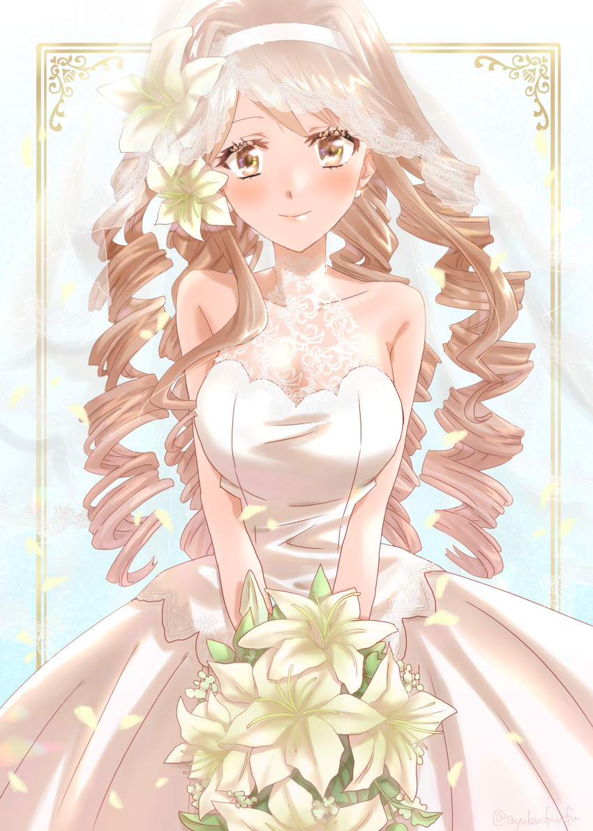 1girl absurdres ayuko_(ayuko54bornthisway) bare_arms blush bouquet breasts brown_hair closed_mouth collarbone dress drill_hair floating_hair flower framed hairband highres hokaze_junko holding holding_bouquet large_breasts lily_(flower) long_dress long_hair looking_at_viewer see-through shiny shiny_hair smile solo standing toaru_kagaku_no_railgun toaru_majutsu_no_index veil very_long_hair wedding_dress white_dress white_flower white_hairband yellow_eyes