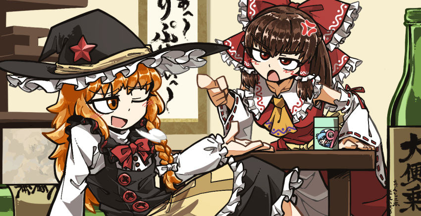 2girls amerika_zarigani anger_vein ascot azusa_(cookie) bangs black_capelet black_headwear black_skirt black_vest blush bottle bow bowtie braid brown_hair buttons capelet cirno cirno_(cookie) commentary_request cookie_(touhou) detached_sleeves eyebrows_visible_through_hair feet_out_of_frame frilled_bow frilled_skirt frills hair_bow hakurei_reimu hat hat_ornament kanna_(cookie) kirisame_marisa light_brown_hair long_hair long_sleeves looking_at_another multiple_girls one_eye_closed open_mouth pointing_at_another red_bow red_bowtie red_eyes red_shirt red_star ribbon-trimmed_sleeves ribbon_trim sake_bottle shirt side_braid single_braid skirt sleeveless sleeveless_shirt smile star_(symbol) star_hat_ornament table touhou turtleneck vest white_bow white_shirt white_sleeves witch_hat yellow_ascot