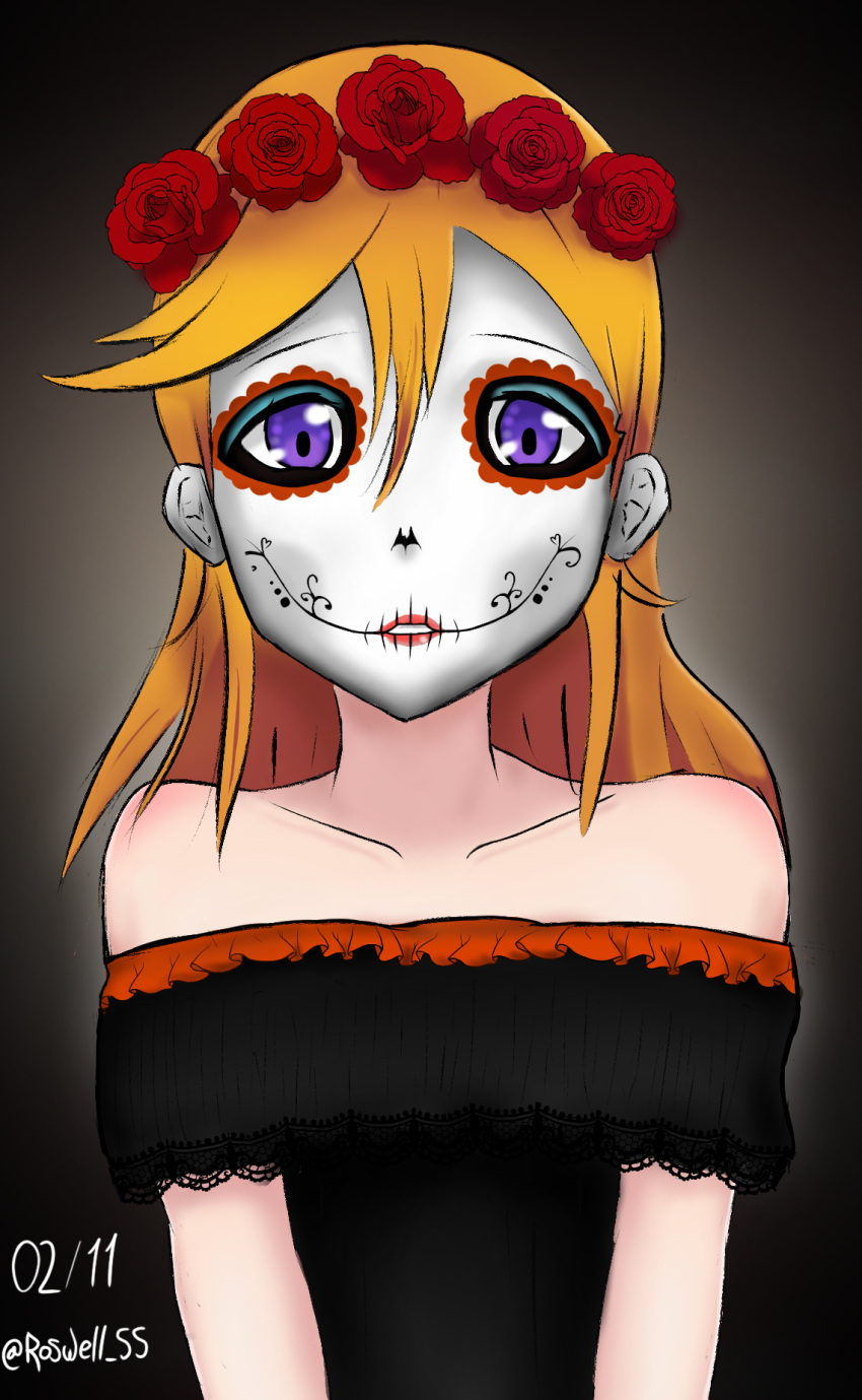 1girl bare_shoulders black_dress catrina collarbone day_of_the_dead dia_de_muertos dress female flower halloween halloween_costume highres lips lipstick looking_at_viewer love_live! love_live!_superstar!! makeup medium_hair mexican_dress mexico orange_hair pink_lips purple_eyes rose roswell-ss shibuya_kanon skull v_arms