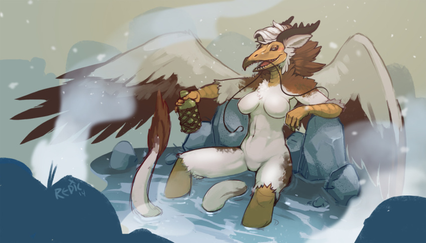 accipitriform anthro avian beak bird bottle breasts brown_body brown_feathers dragon eva_(ozawk) feathered_wings feathers featureless_breasts female fur horn hot_spring hybrid nude open_mouth redic-nomad snow solo vulture water white_body white_feathers white_fur wings