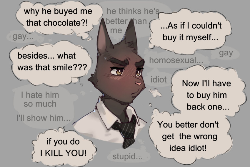 3:2 anthro black_body black_fur blush domestic_cat english_text felid feline felis fur gato_matero gato_matero's_fursona grey_background humor male mammal necktie pink_body simple_background solo text thought_bubble tsundere