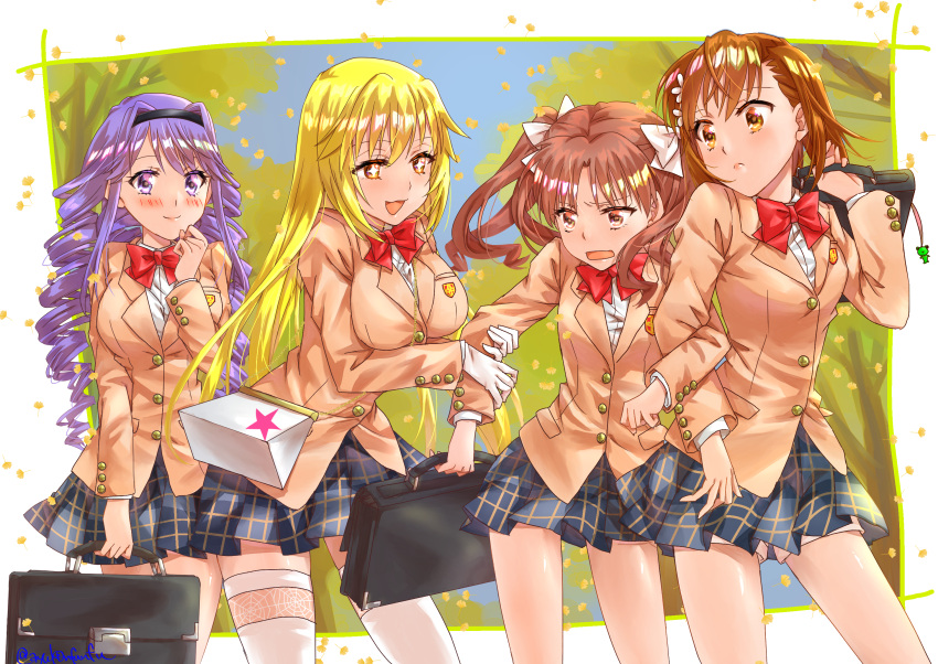 4girls :d ayuko_(ayuko54bornthisway) bag bangs black_hairband blazer blonde_hair bow bowtie breasts brown_eyes brown_hair closed_mouth cowboy_shot dress_shirt drill_hair eyebrows_visible_through_hair floating_hair frown grey_skirt hair_between_eyes hair_intakes hairband highres hokaze_junko holding holding_bag jacket long_hair long_sleeves medium_breasts miniskirt misaka_mikoto multiple_girls open_mouth plaid plaid_skirt pleated_skirt purple_eyes purple_hair red_bow red_bowtie school_bag school_uniform shiny shiny_hair shirai_kuroko shirt shokuhou_misaki short_hair short_shorts shorts shorts_under_skirt skirt smile standing straight_hair symbol-shaped_pupils toaru_kagaku_no_railgun toaru_majutsu_no_index tokiwadai_school_uniform twitter_username very_long_hair white_shirt white_shorts yellow_eyes