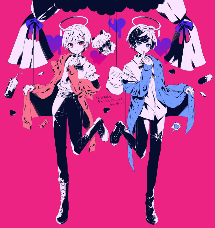 2boys absurdres amatsuki_(nico_nico_douga) bangs black_bow black_bowtie black_footwear black_pants blue_cardigan blue_eyes boots bow bowtie can cardigan closed_mouth curtains darling_dance_(vocaloid) derivative_work full_body halo heart heart-shaped_pupils heart_lollipop highres index_finger_raised jacket loafers looking_at_viewer male_focus masamune_(amatsuki) multiple_boys niconico off_shoulder pants pill pink_background pink_bow pink_eyes pink_jacket sheep shiroko shirt shoes smile soraru symbol-shaped_pupils thigh_strap utaite_(singer) white_shirt