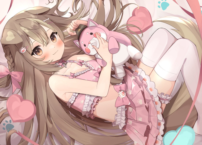 1girl animal_ears bangs bare_shoulders blush bow bow_camisole bow_skirt braid brown_eyes brown_hair camisole character_request collarbone commission crop_top dog_ears dog_girl dog_tail frilled_camisole frilled_skirt frills goma_(u_p) hair_between_eyes hair_bow hair_ornament hairclip hairpin heart highres holding holding_stuffed_toy leg_garter long_hair looking_at_viewer lying miniskirt no_shoes on_back original paw_hair_ornament paw_print pink_bow pink_camisole pink_skirt pleated_skirt simple_background skeb_commission skirt solo stuffed_animal stuffed_toy tail thighhighs white_legwear