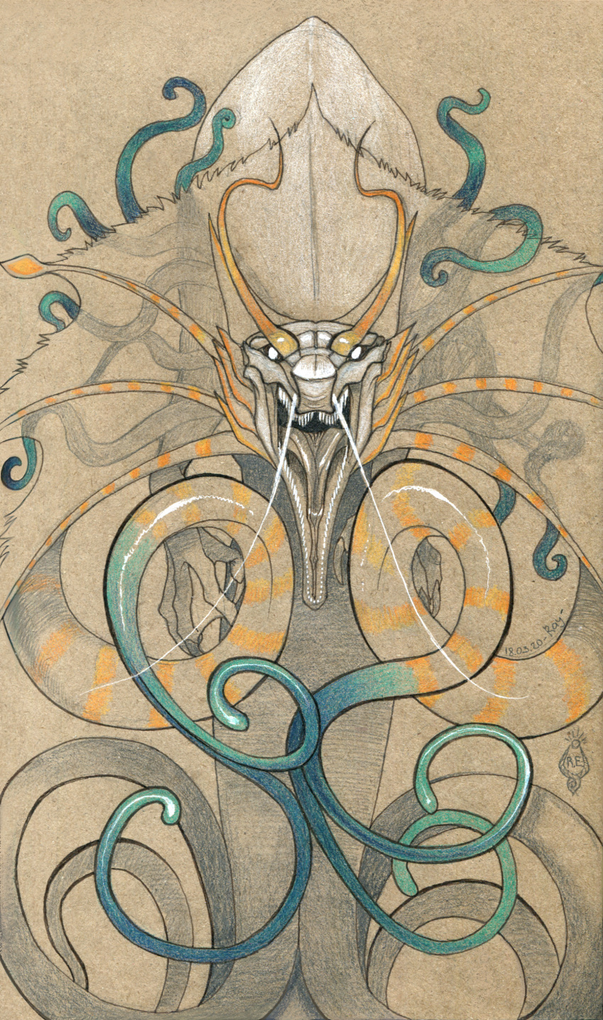 2020 absurd_res ambiguous_gender angry black_sclera blue_tentacles curved_horn defiant eye_contact feral frill_(anatomy) front_view gold_markings graphite_(artwork) half-length_portrait hi_res horn lizard looking_at_another looking_at_viewer marine marker_(artwork) markings nameless_character nude open_mouth partially_colored pencil_(artwork) portrait raesheris reptile roaring scalie shaded signature simple_background smooth_skin snarling solo spot_color tentacles textured_background traditional_media_(artwork) viarraxia