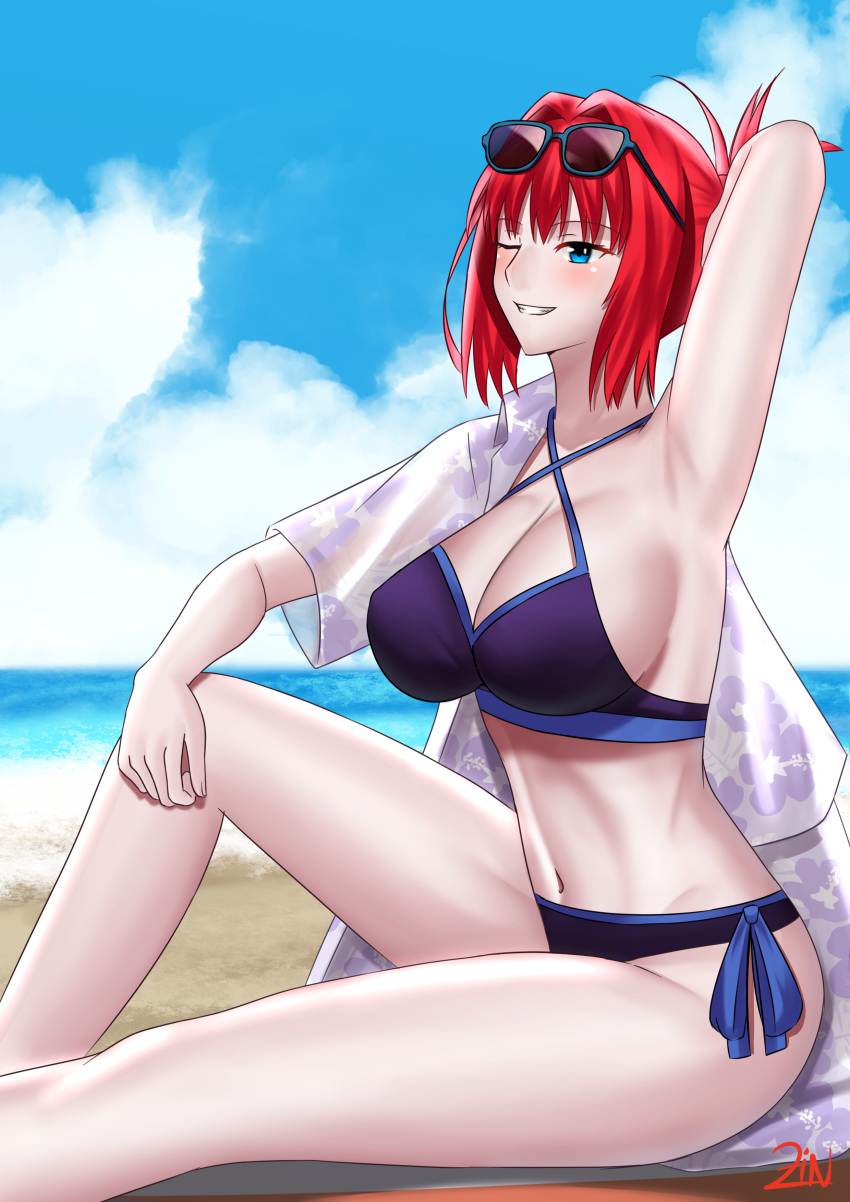 1girl absurdres alternate_costume alternate_hairstyle aozaki_aoko arm_up armpits beach bikini blue_bikini blue_eyes blue_sky blue_swimsuit blush breasts cloud commentary english_commentary eyebrows_visible_through_hair eyewear_on_head hair_intakes hawaiian_shirt highres large_breasts looking_at_viewer melty_blood melty_blood:_type_lumina navel official_alternate_costume official_alternate_hairstyle one_eye_closed outdoors red_hair sand shirt short_sleeves signature sitting sky smile solo sunglasses swimsuit teeth tied_hair tsukihime tsukihime_(remake) water zin_(pixiv30275228)