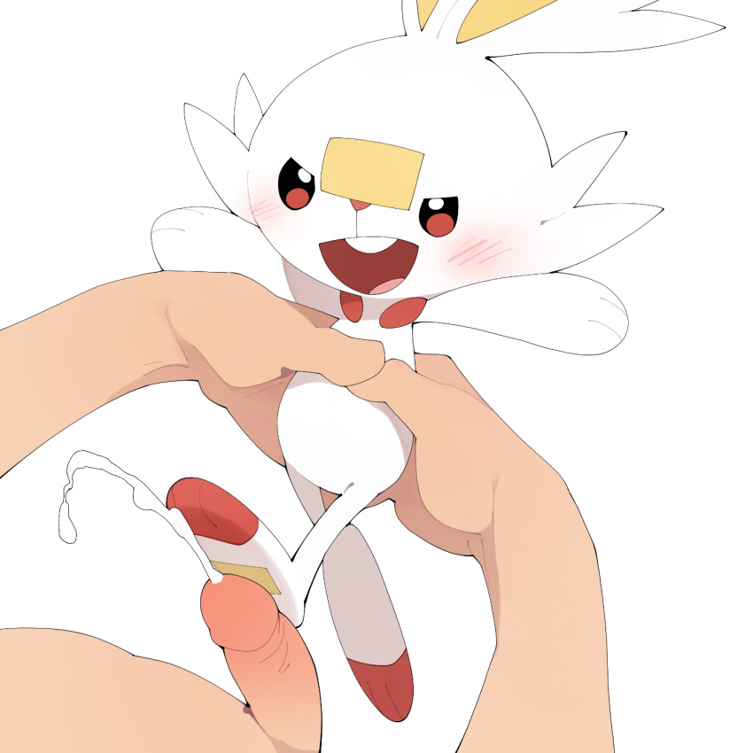 ambiguous_gender blush bodily_fluids cum duo ejaculation feet feral foot_fetish foot_play footjob genital_fluids genitals hi_res holding_partner human male mammal nintendo open_mouth penis pok&eacute;mon pok&eacute;mon_(species) scorbunny sex simple_background soles video_games youjomodoki