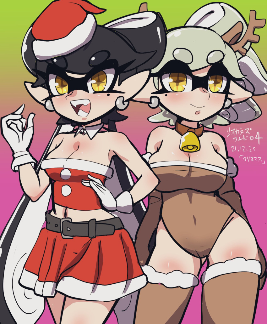 +_+ 2girls animal_costume animal_ears antlers bangs bell belt black_belt black_gloves black_hair breasts brown_collar brown_legwear brown_leotard callie_(splatoon) christmas cleavage closed_mouth collar commentary cousins covered_navel dated detached_collar dress earrings elbow_gloves eyebrows_visible_through_hair fake_animal_ears fangs gloves gradient gradient_background green_background grey_hair hand_on_hip hat highres jewelry leotard long_hair looking_at_viewer marie_(splatoon) medium_breasts midriff miniskirt mole mole_under_eye multiple_girls navel neck_bell open_mouth pointy_ears purple_background red_dress red_headwear red_shirt red_skirt reindeer_antlers reindeer_costume santa_costume santa_hat shirt short_hair side-by-side skirt smile splatoon_(series) standing strapless strapless_leotard swept_bangs tentacle_hair thighhighs tied_hair tube_top usa_(dai9c_carnival) very_long_hair white_gloves