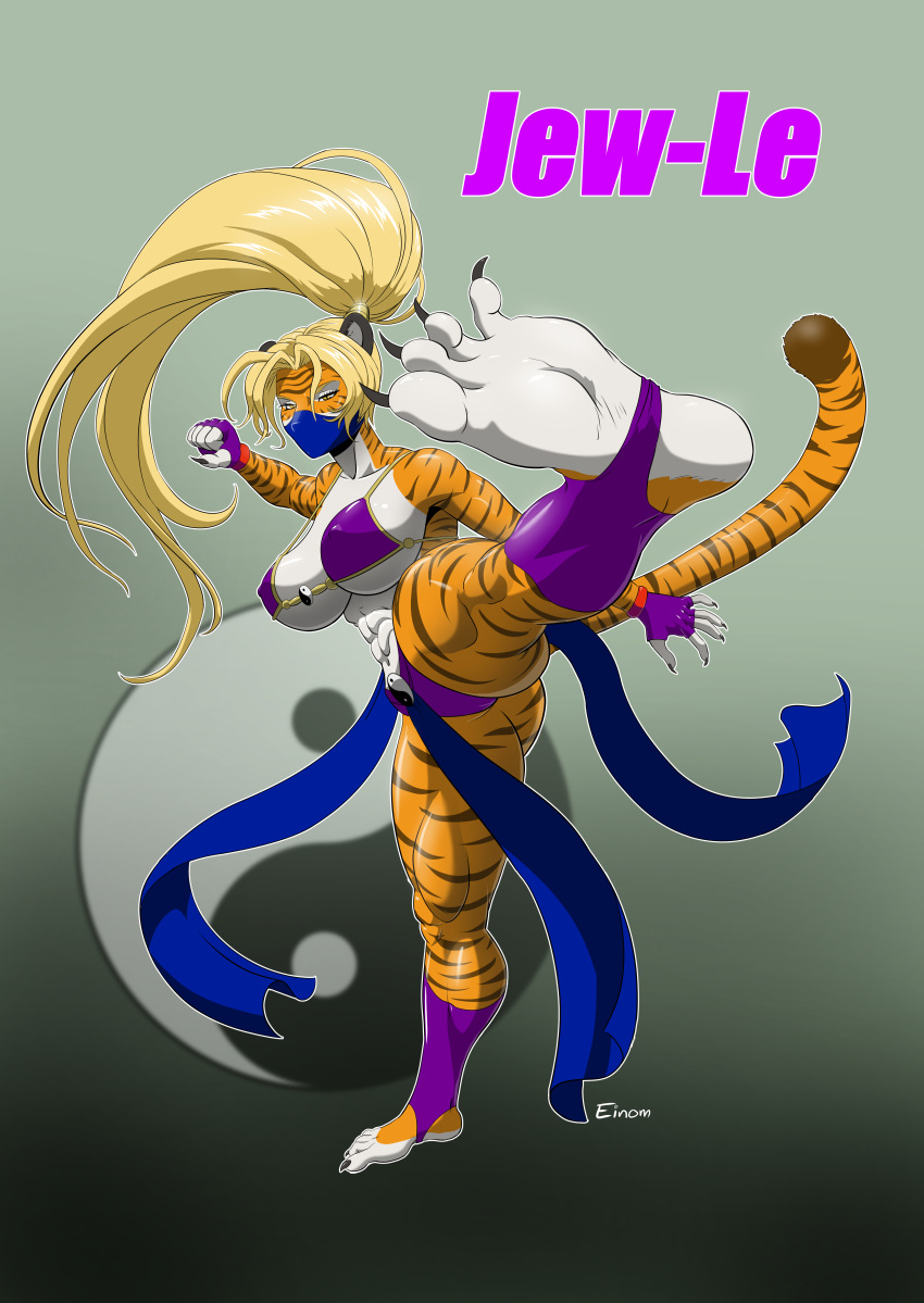 4_toes absurd_res anthro barefoot blonde_hair claws clothing digital_media_(artwork) einom english_text feet felid female foot_focus hair hi_res humanoid_feet jew-le mammal muscular ninja pantherine simple_background solo text tiger toe_claws toes warrior yellow_eyes