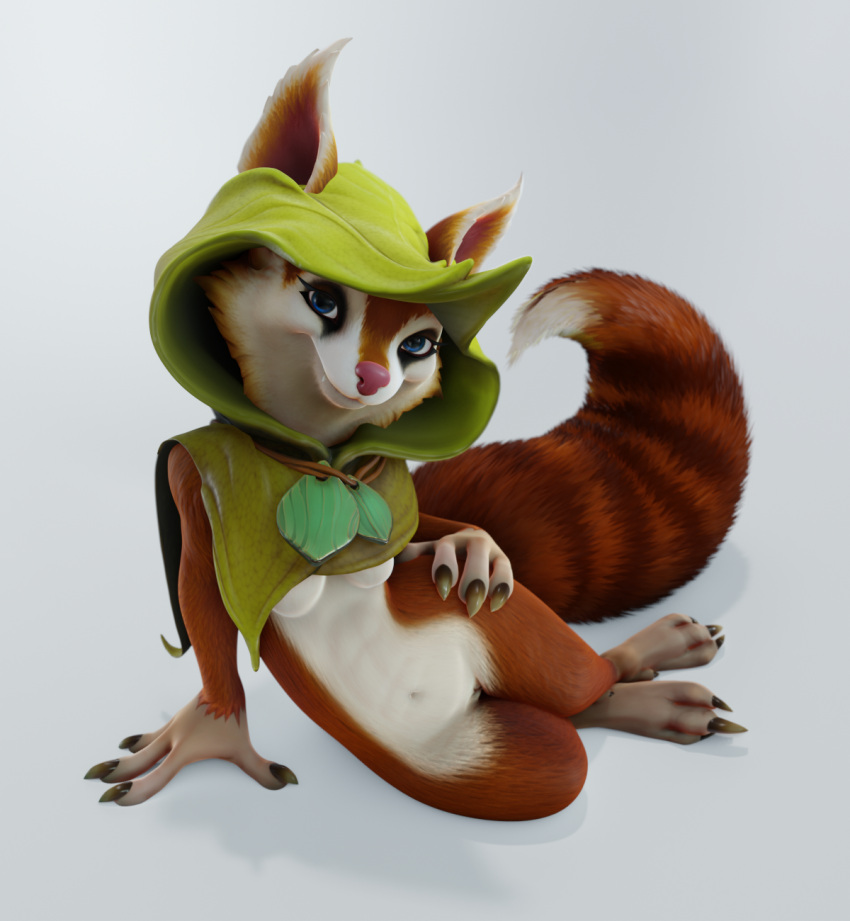 anthro cape clothing dota female genitals hi_res hoodwink_(dota) hybrid mammal rodent sciurid solo standing tail_motion tailwag tree_squirrel video_games