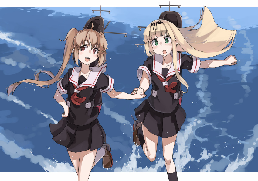 2girls bangs black_legwear black_ribbon black_serafuku black_skirt blonde_hair brown_eyes brown_footwear commentary_request green_eyes hair_ribbon highres holding_hands kantai_collection kneehighs light_brown_hair loafers long_hair looking_at_viewer multiple_girls murasame_(kancolle) neckerchief ocean open_mouth outdoors pleated_skirt red_neckerchief ribbon school_uniform serafuku shoes skirt smile socks straight_hair sugue_tettou twintails walking walking_on_liquid water yuudachi_(kancolle)