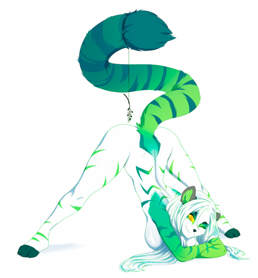 2021 4_toes anthro begonia_z breasts digital_media_(artwork) feet felid female fur green_body green_fur hair hi_res mammal nude orange_eyes pantherine smile solo striped_body striped_fur stripes tiger toes white_body white_fur white_hair