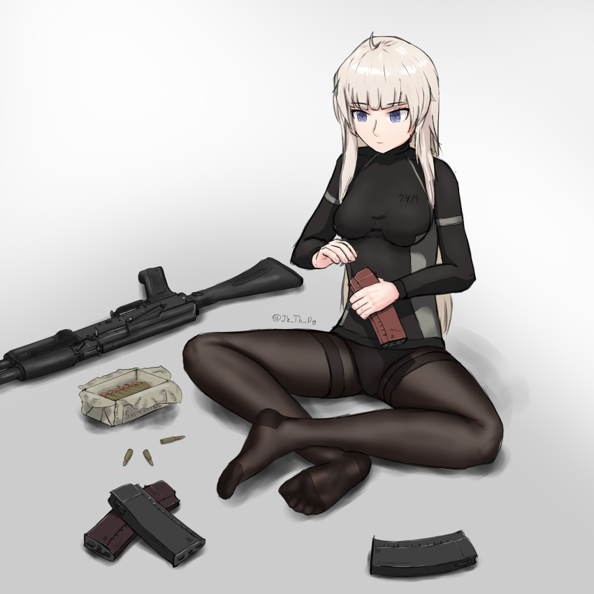 1girl absurdres ak-74m ak74m_(girls'_frontline) artist_name assault_rifle bangs black_bodysuit black_legwear black_panties blonde_hair bodysuit breasts bullet closed_mouth eyebrows_visible_through_hair floor full_body girls'_frontline gun highres holding holding_bullet holding_magazine_(weapon) jk_th_dg kalashnikov_rifle long_hair looking_down magazine_(weapon) medium_breasts no_pants no_shoes on_floor panties panties_under_pantyhose pantyhose purple_eyes rifle shell_casing simple_background soles solo twitter_username underwear weapon weapon_removed