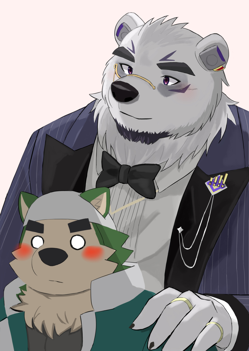 9dtq0 absurd_res anthro bandanna blush borealis_(live-a-hero) bow_tie canid canine canis clawed_fingers clothing domestic_dog duo eyebrows eyewear fur green_body green_fur hi_res kerchief lifewonders live-a-hero male male/male mammal mokdai monocle polar_bear ring size_difference suit thick_eyebrows ursid ursine video_games