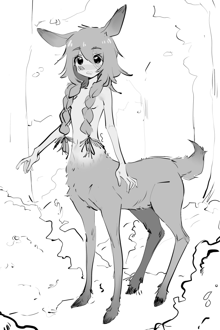 absurd_res blush breasts cervid cervid_taur eds embarrassed eye_through_hair female forest forest_background greyscale hair hi_res hooves looking_at_viewer mammal mammal_taur monochrome nature nature_background navel nude open_mouth outside plant side_boob sketch taur translucent translucent_hair tree young