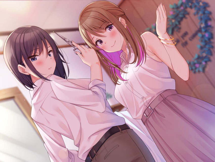 2girls black_hair blue_eyes blurry blurry_background blush bracelet breasts brown_hair brown_pants brown_skirt dress_shirt earrings focus_blur highres indoors jewelry large_breasts long_skirt looking_at_viewer looking_back medium_hair multiple_girls office_lady original pants purple_eyes scissors shirt short_hair skirt smile super_nagoyaka white_shirt