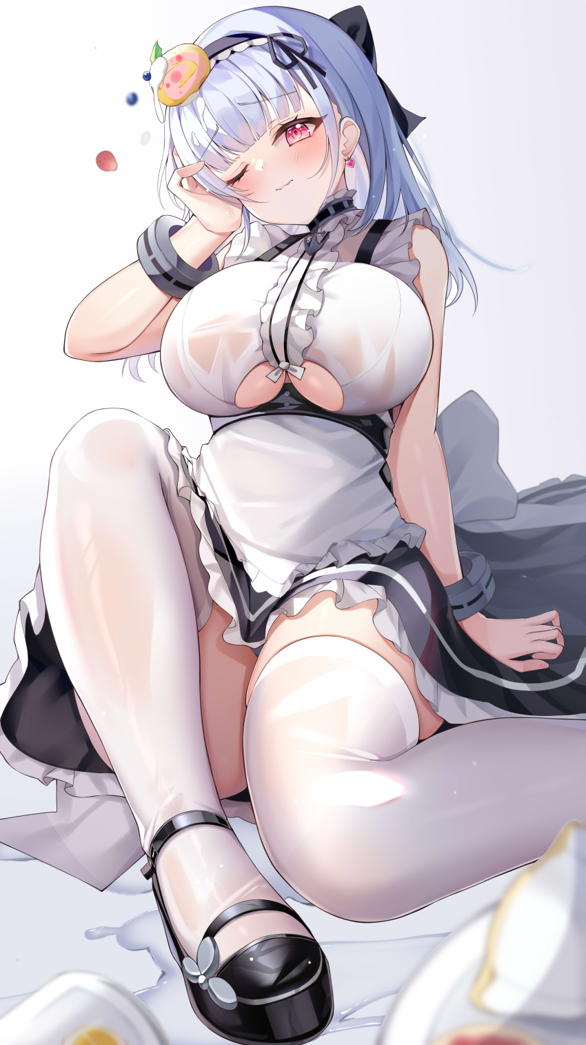 1girl absurdres apron arlene_(ju) azur_lane bangs black_footwear blueberry blunt_bangs breasts cake chinese_commentary cleavage closed_mouth clothing_cutout dido_(azur_lane) dress food frilled_dress frills fruit grey_background hair_ornament highres large_breasts maid maid_apron maid_headdress on_floor pantyhose plate red_eyes silver_hair simple_background sitting sleeveless sleeveless_dress spill strawberry thighhighs thighs underboob underboob_cutout white_dress white_legwear