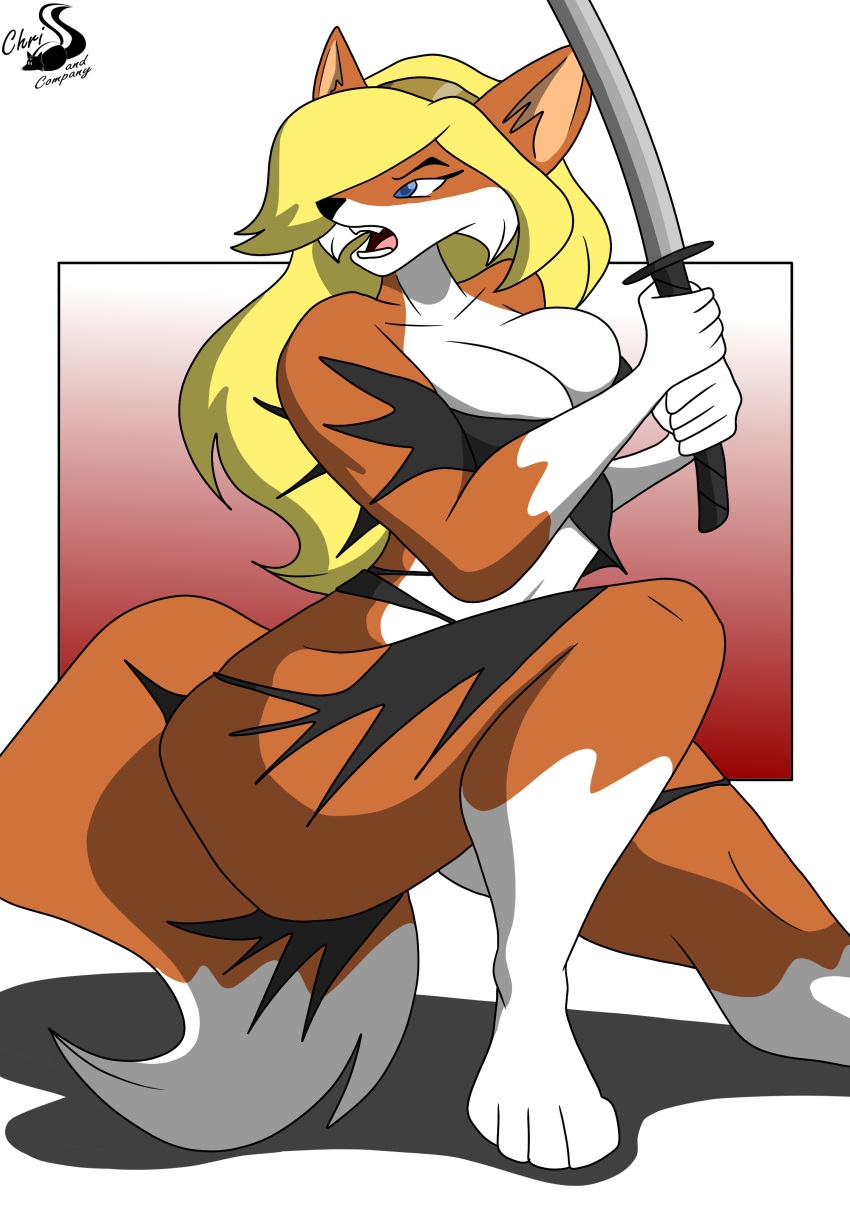 absurd_res anthro breasts canid canine chrisandcompany clothing female fox hair hi_res mammal melee_weapon solo sword weapon