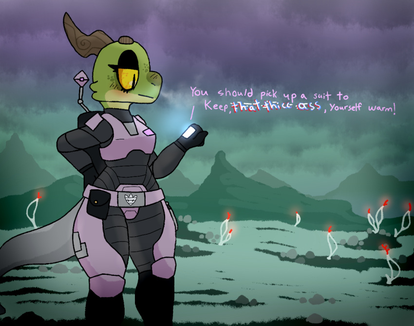 amber_(squablodecomplash) anthro armwear black_clothing blush bodysuit breasts clothed clothing cloud detailed_background digital_media_(artwork) english_text facial_markings female freckles glowing_plants green_body green_scales head_markings horn horn_markings kobold markings mountain multicolored_body no_man's_sky outside pink_clothing plant scales scalie skinsuit sky solo spacesuit squablodecomplash standing technology text tight_clothing yellow_eyes