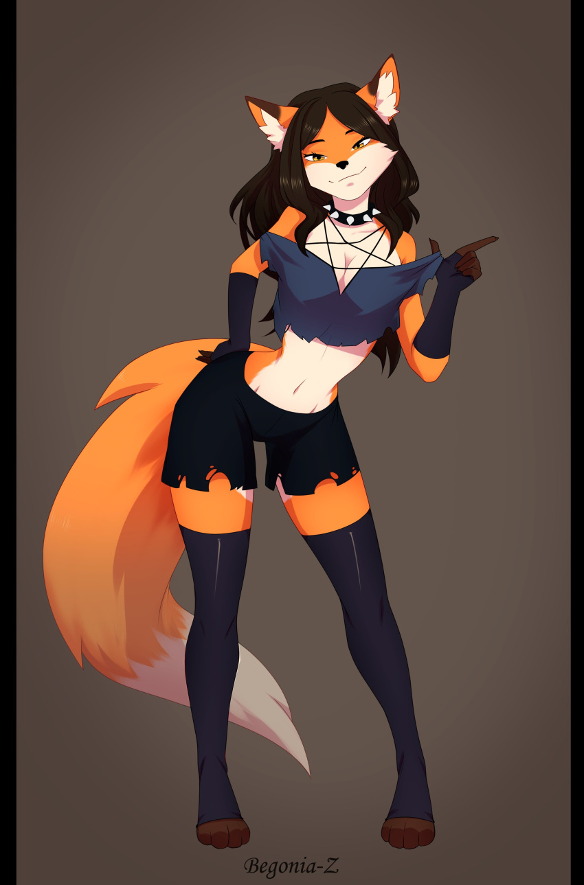 2021 4_toes 5_fingers absurd_res anthro begonia_z black_hair breasts canid canine clothed clothing collar digital_media_(artwork) eyebrows eyelashes feet female fingers fox hair hi_res looking_at_viewer mammal midriff navel smile solo toes