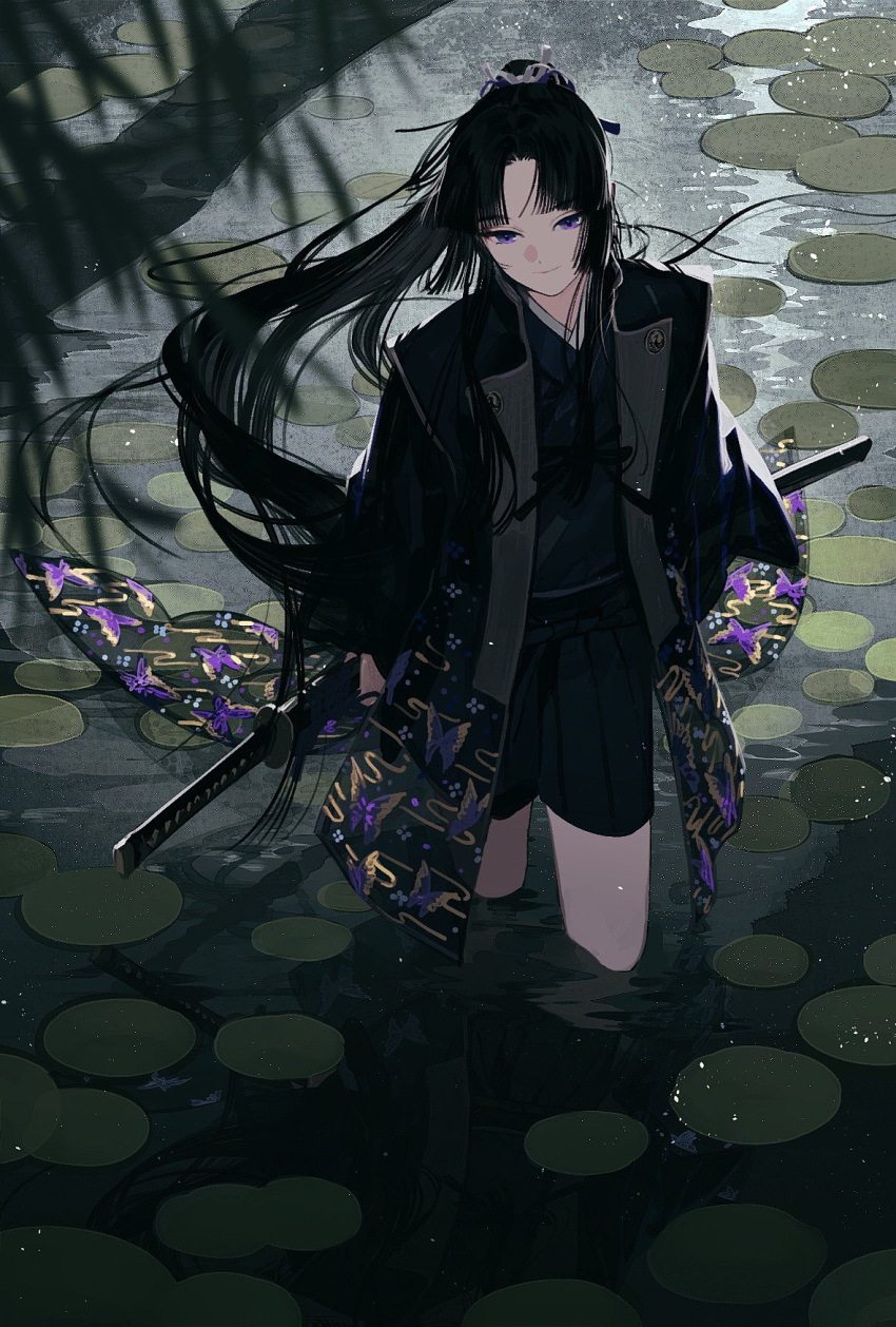 1girl backlighting bangs black_hair branch closed_mouth floating_clothes from_above full_body hair_ribbon hakama hakama_shorts haori head_tilt highres holding holding_weapon in_water japanese_clothes katana kazari_tayu light_particles light_smile lily_pad long_hair long_sleeves looking_at_viewer night original ponytail purple_eyes reflection reflective_water ribbon scar scar_on_cheek scar_on_face sheath shorts solo sword tied_hair very_long_hair walking water weapon wet wet_clothes wide_sleeves