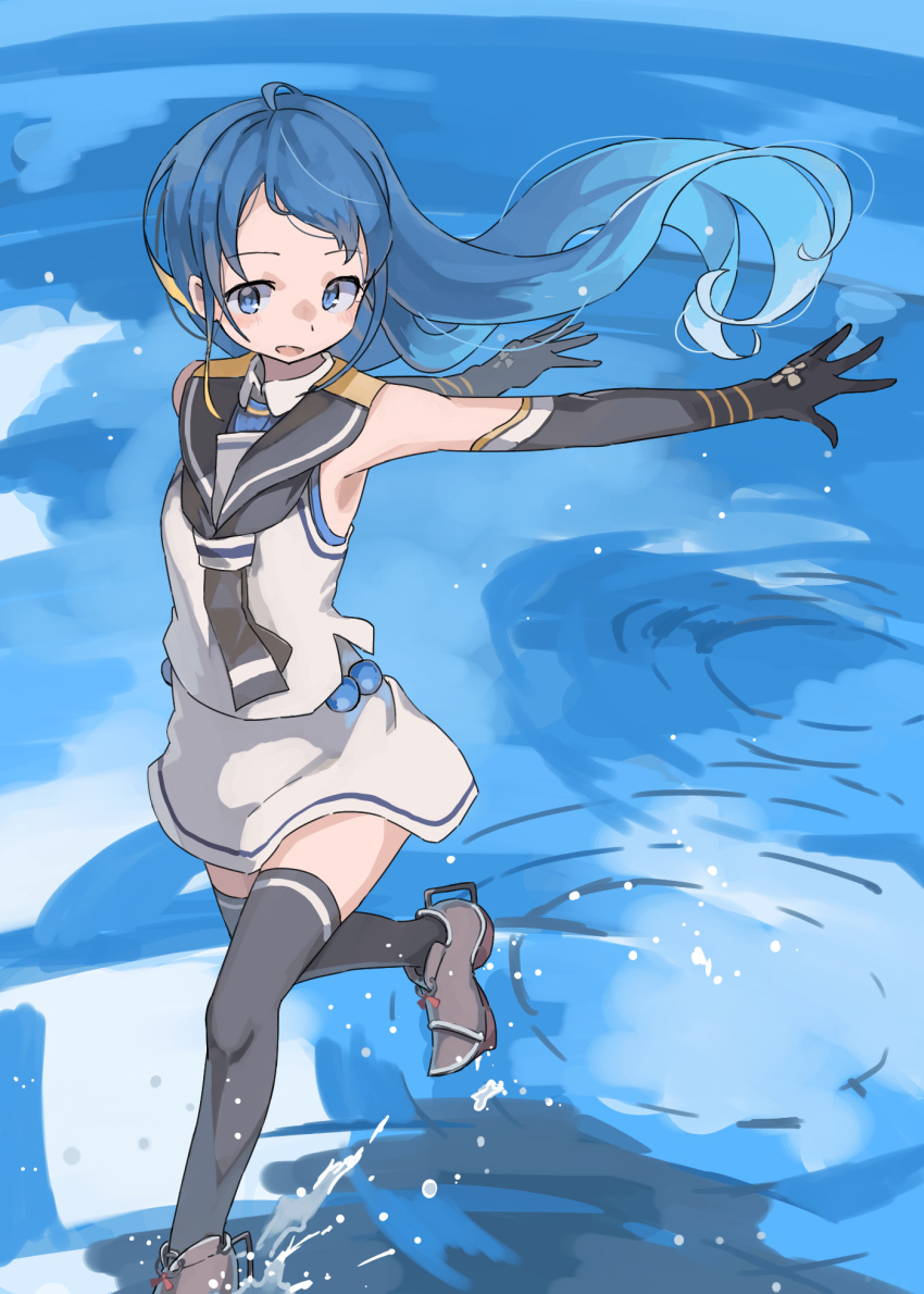 1girl bangs bare_shoulders black_gloves black_legwear black_neckerchief blue_eyes blue_hair commentary_request elbow_gloves foot_out_of_frame gloves gradient_hair highres kantai_collection long_hair looking_at_viewer multicolored_hair neckerchief ocean open_mouth outdoors outstretched_arms sailor_collar samidare_(kancolle) school_uniform serafuku shirt skirt sleeveless sleeveless_shirt smile solo sugue_tettou swept_bangs thighhighs very_long_hair walking walking_on_liquid water white_serafuku white_skirt zettai_ryouiki