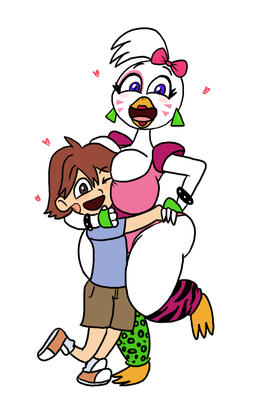 age_difference anthro avian big_breasts bird blush breasts chica_(fnaf) chicken duo female five_nights_at_freddy's five_nights_at_freddy's:_security_breach galliform gallus_(genus) glamrock_chica_(fnaf) gregory_(fnaf) hi_res human humanoid love male male/female mammal phasianid romantic romantic_couple scottgames smog01 thick_thighs video_games younger_male